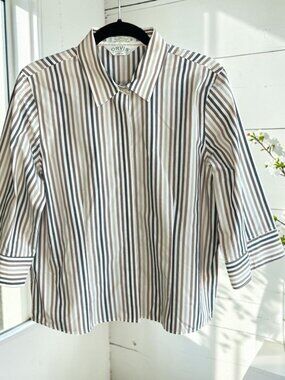 Orvis Classic Brown Striped Carefree Cotton Blend Striped Blouse Shirt Size 14